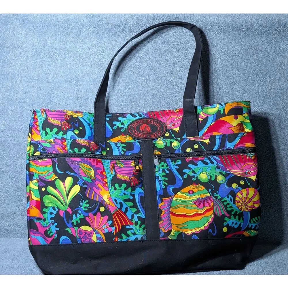 OAHU KAUAI HAWAII MAUI Tote Bag Tropical Floral Multicolor Hawaiian Travel Zip